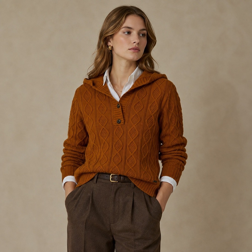 Bass Burnt Orange Chunky Cable Knit Hoodie, S Fisherman